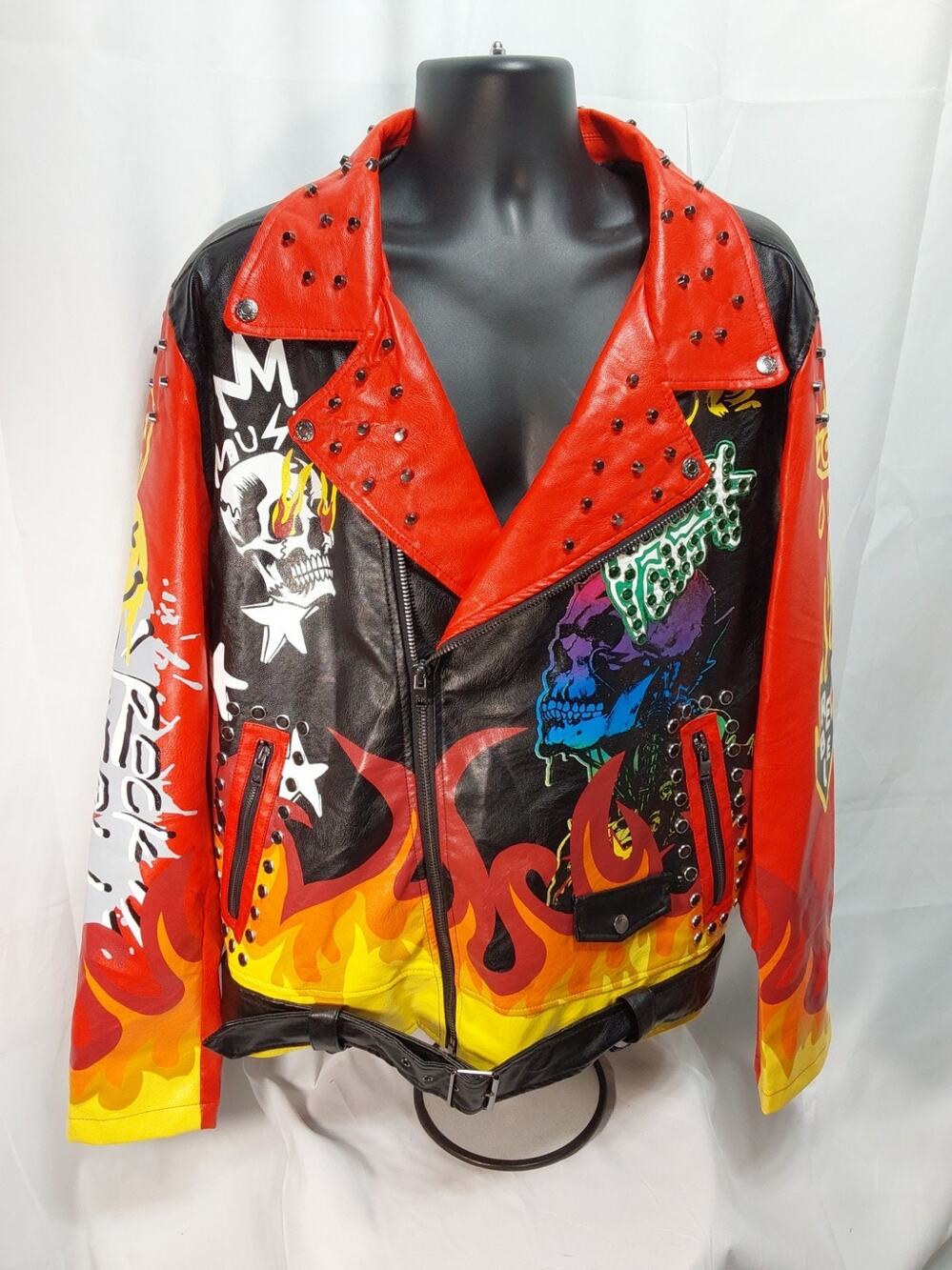 Rebel 2XL Black Biker Jacket With Skulls, Flames And Studs
